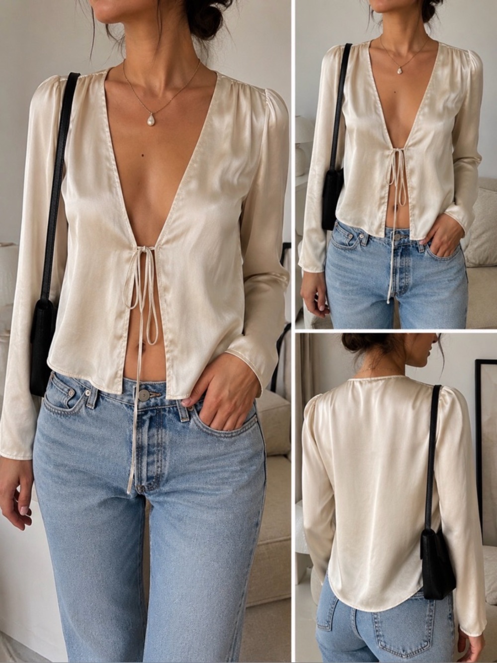 Réalisation Par Silk Tie Front Blouse Top S Champagne Balletcore Quiet Luxury